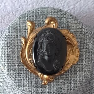 Victorian Style Gold and Black Cameo Mourning Brooch